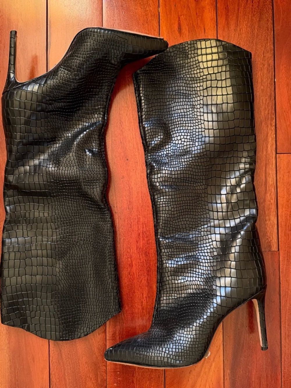 SCHUTZ Maryana Black Croc-Embossed Stiletto Knee Boots